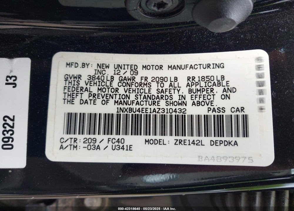 2010 TOYOTA COROLLA VIN: 1NXBU4EE1AZ310432