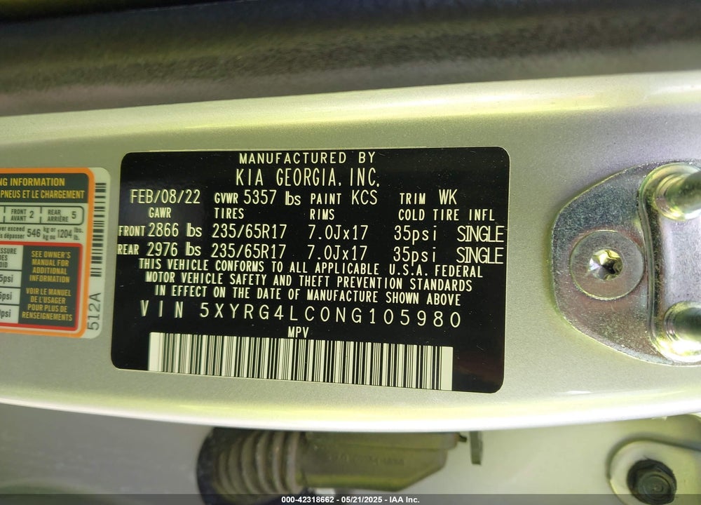 2022 KIA SORENTO LX VIN: 5XYRG4LC0NG105980