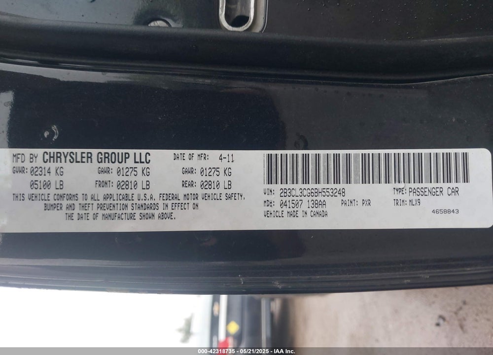 2011 DODGE CHARGER VIN: 2B3CL3CG6BH553248