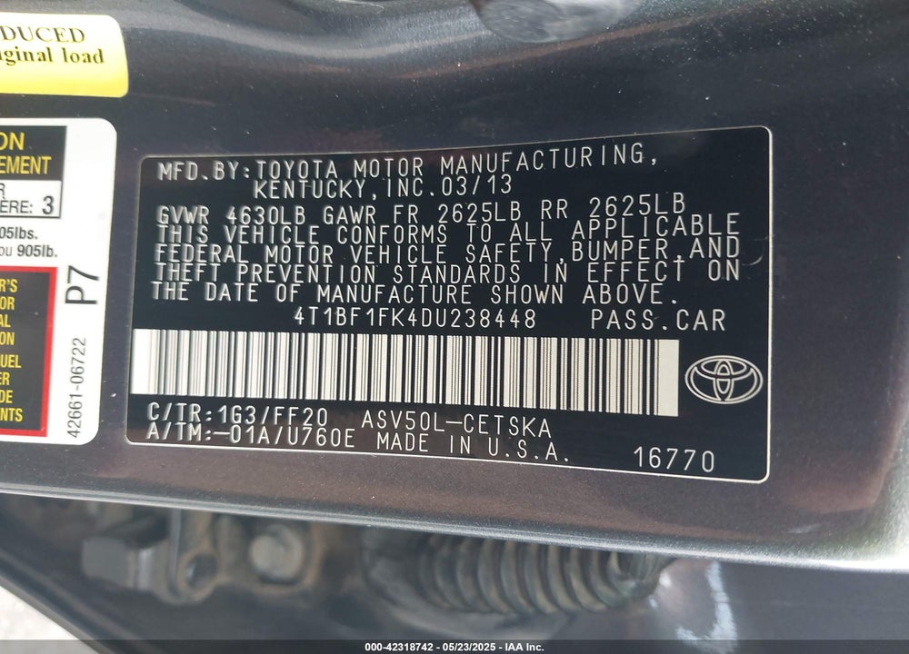 2013 TOYOTA CAMRY SE VIN: 4T1BF1FK4DU238448