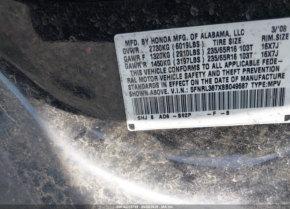 2008 HONDA ODYSSEY EX-L VIN: 5FNRL387X8B049687
