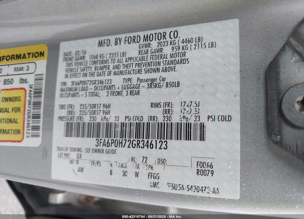 2016 FORD FUSION VIN: 3FA6P0H72GR346123