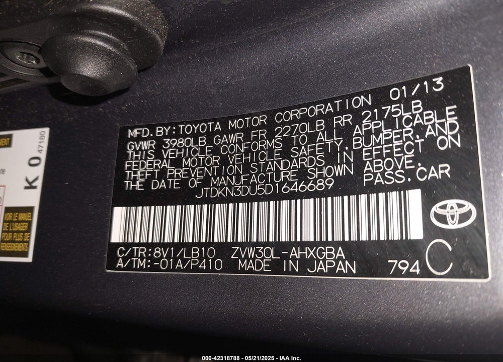 2013 TOYOTA PRIUS VIN: JTDKN3DU5D1646689