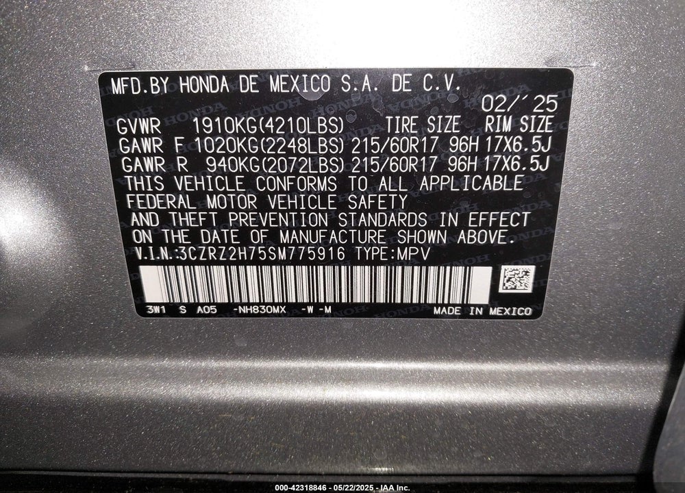 2025 HONDA HR-V VIN: 3CZRZ2H75SM775916