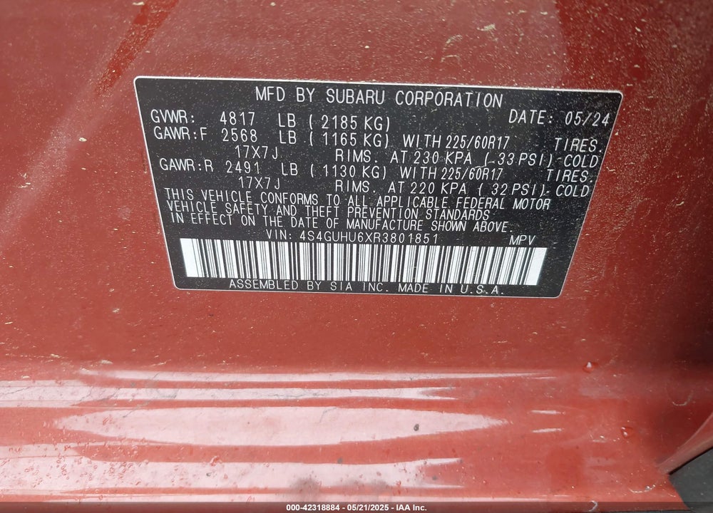 2024 SUBARU CROSSTREK VIN: 4S4GUHU6XR3801851