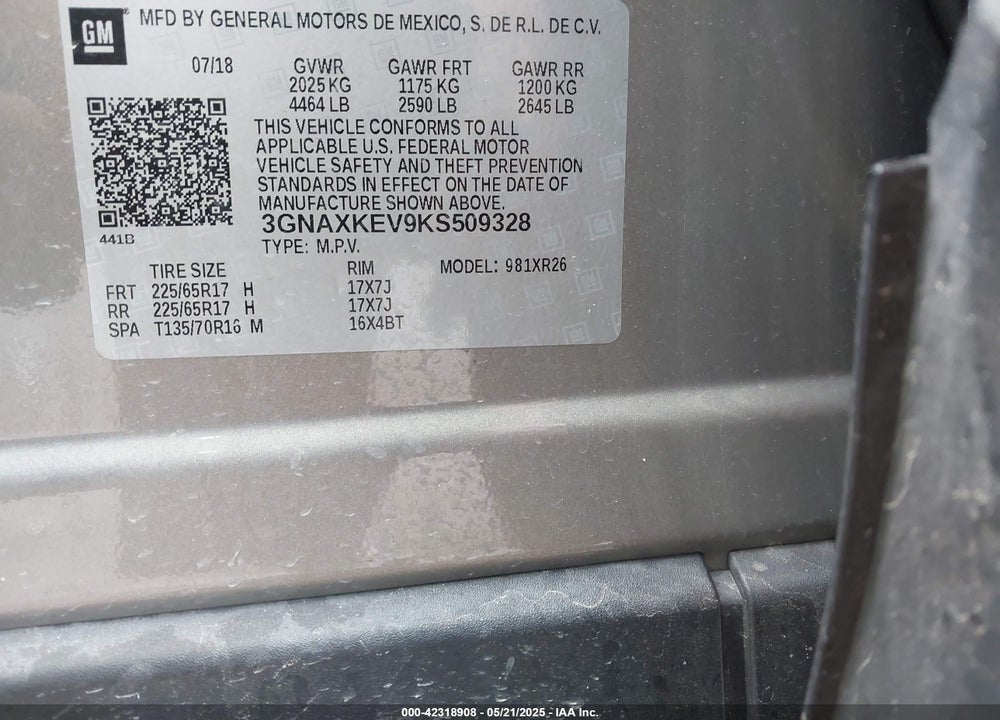 2019 CHEVROLET EQUINOX VIN: 3GNAXKEV9KS509328
