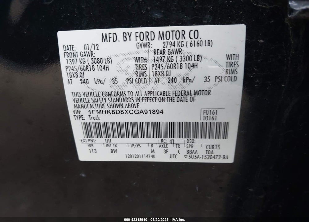 2012 FORD EXPLORER VIN: 1FMHK8D8XCGA91894