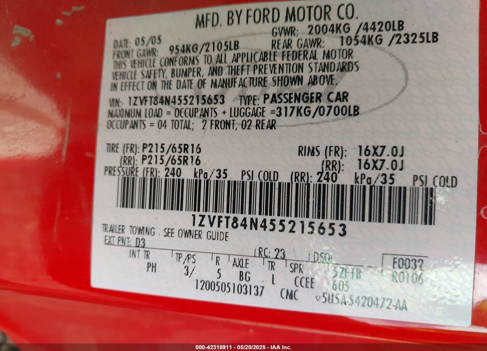 2005 FORD MUSTANG VIN: 1ZVFT84N455215653