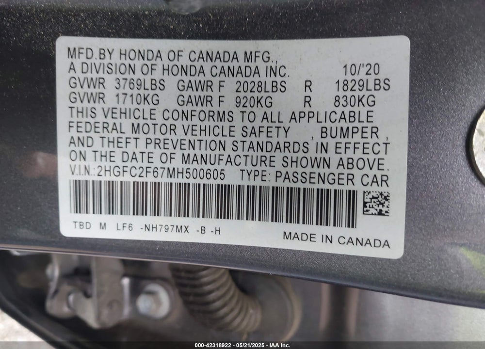 2021 HONDA CIVIC VIN: 2HGFC2F67MH500605