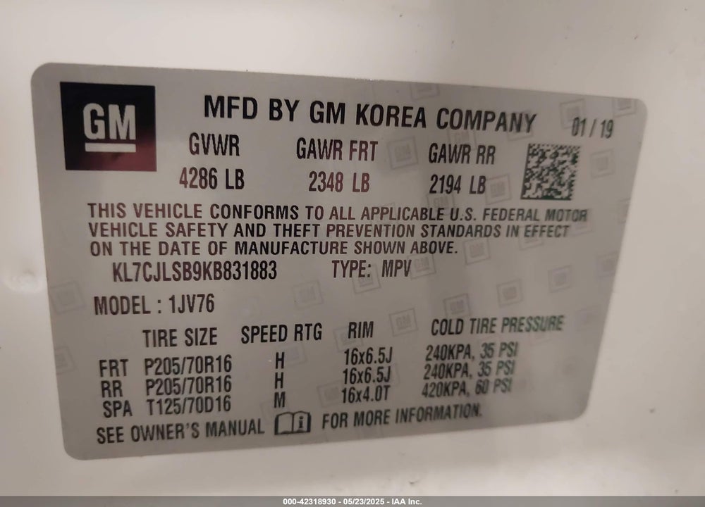 2019 CHEVROLET TRAX VIN: KL7CJLSB9KB831883