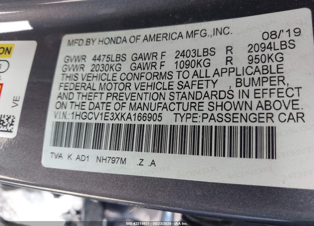 2019 HONDA ACCORD VIN: 1HGCV1E3XKA166905