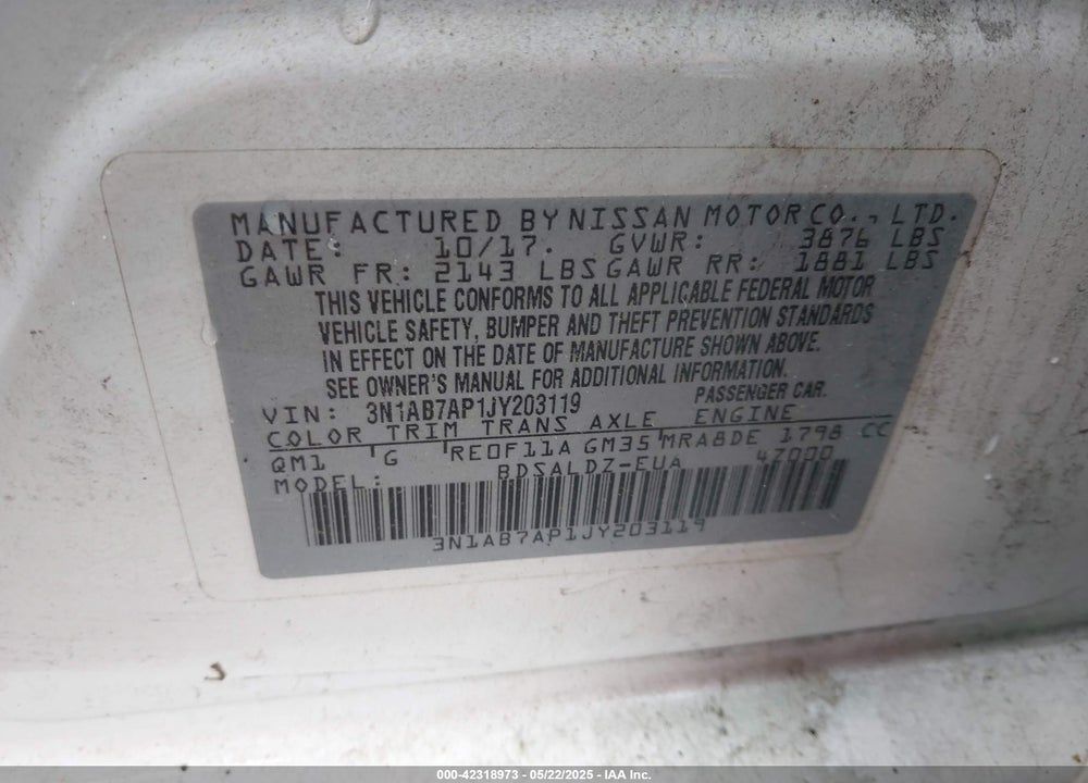 2018 NISSAN SENTRA VIN: 3N1AB7AP1JY203119