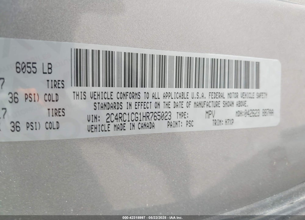 2017 CHRYSLER PACIFICA LX VIN: 2C4RC1CG1HR765023