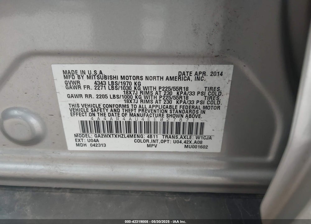 2014 MITSUBISHI OUTLANDER SPORT SE VIN: 4A4AR4AU4EE027871