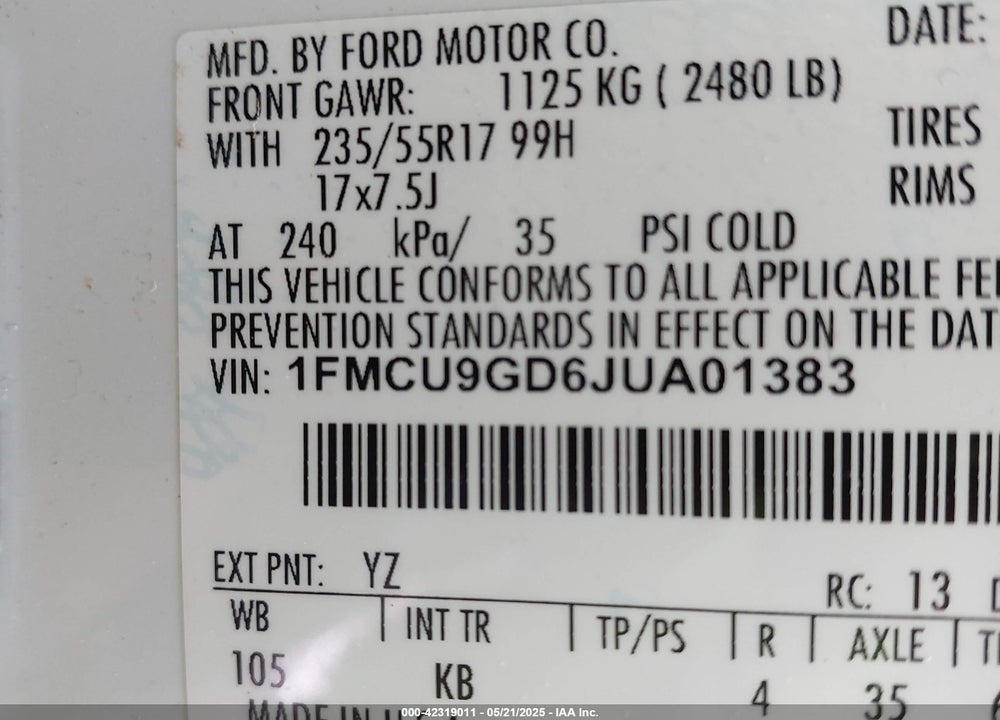 2018 FORD ESCAPE VIN: 1FMCU9GD6JUA01383