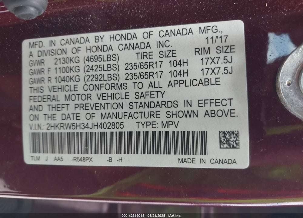 2018 HONDA CR-V VIN: 2HKRW5H34JH402805