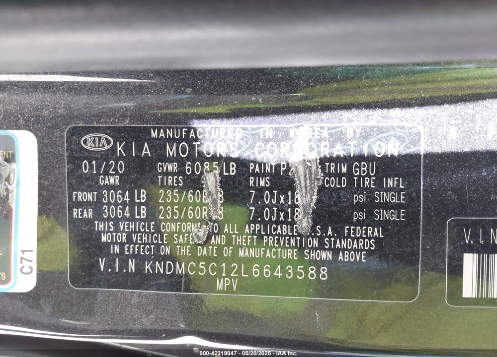2020 KIA SEDONA EX VIN: KNDMC5C12L6643588