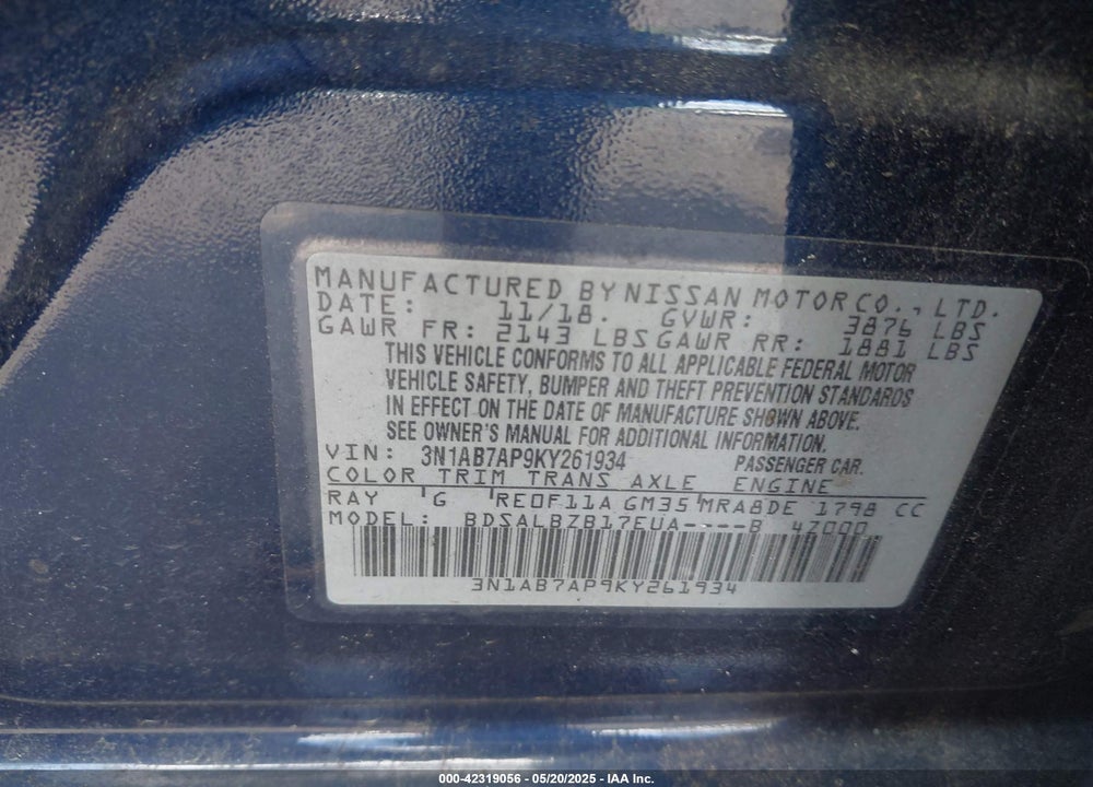 2019 NISSAN SENTRA VIN: 3N1AB7AP9KY261934