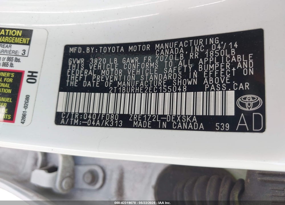 2014 TOYOTA COROLLA S PLUS VIN: 2T1BURHE2EC155048