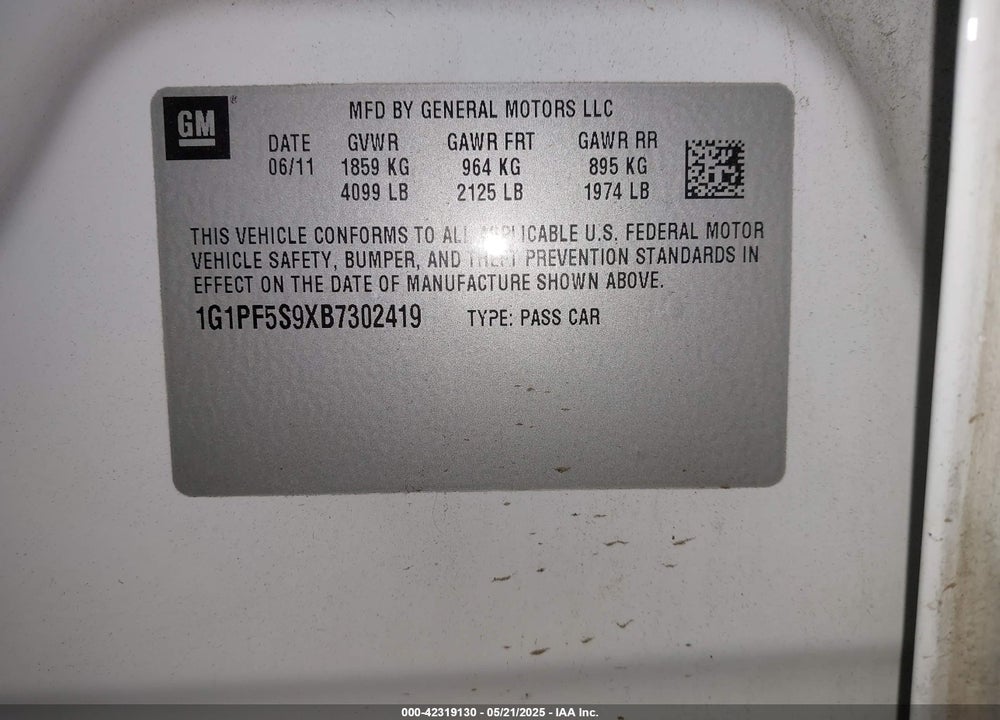 2011 CHEVROLET CRUZE 1LT VIN: 1G1PF5S9XB7302419