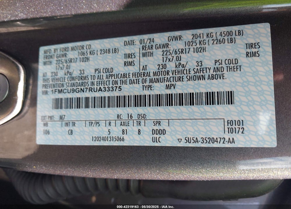 2024 FORD ESCAPE ACTIVE VIN: 1FMCU9GN7RUA33375