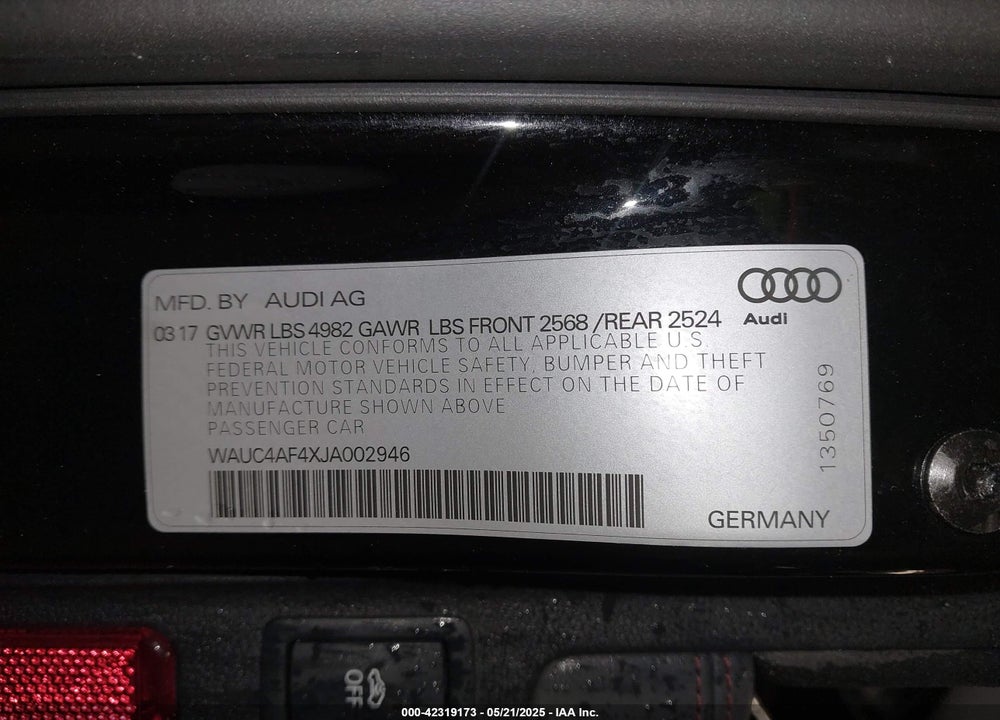 2018 AUDI S4 3.0T PREMIUM PLUS VIN: WAUC4AF4XJA002946