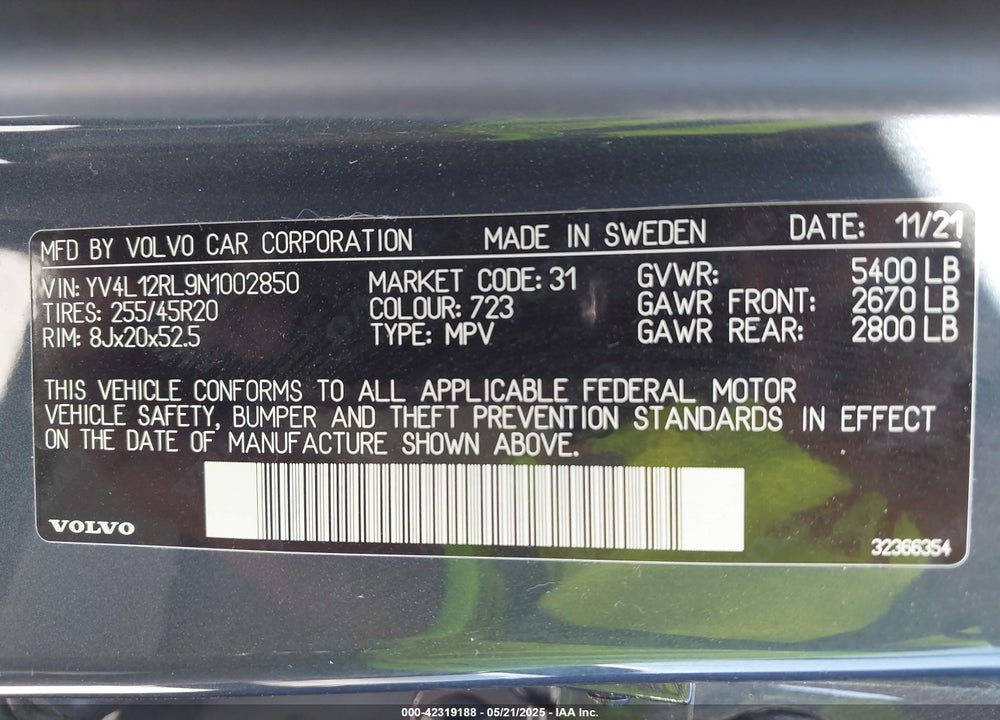 2022 VOLVO XC60 VIN: YV4L12RL9N1002850