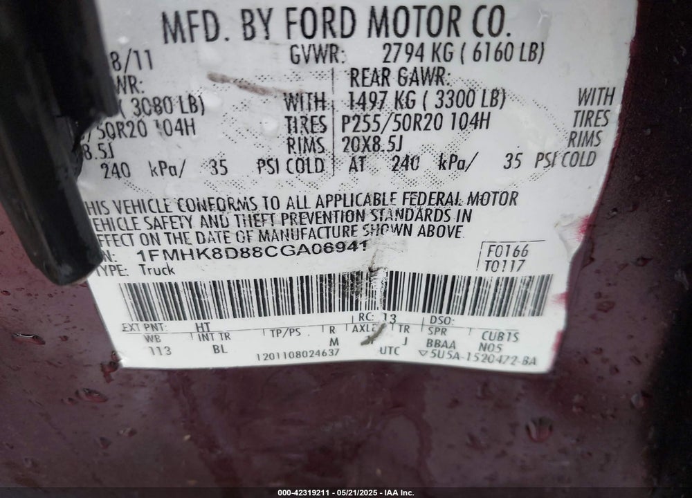 2012 FORD EXPLORER VIN: 1FMHK8D88CGA06941
