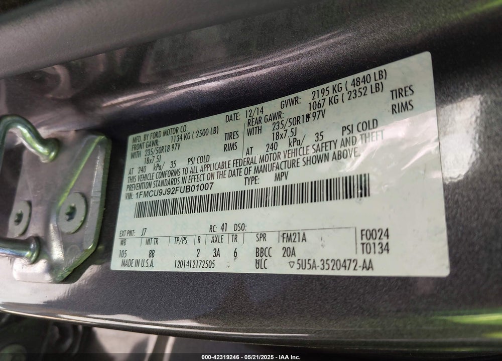 2015 FORD ESCAPE TITANIUM VIN: 1FMCU9J92FUB01007