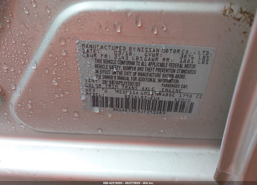 2018 NISSAN SENTRA VIN: 3N1AB7AP5JY290183