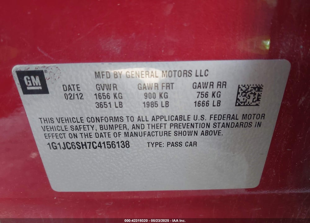 2012 CHEVROLET SONIC 2LT VIN: 1G1JC6SH7C4156138