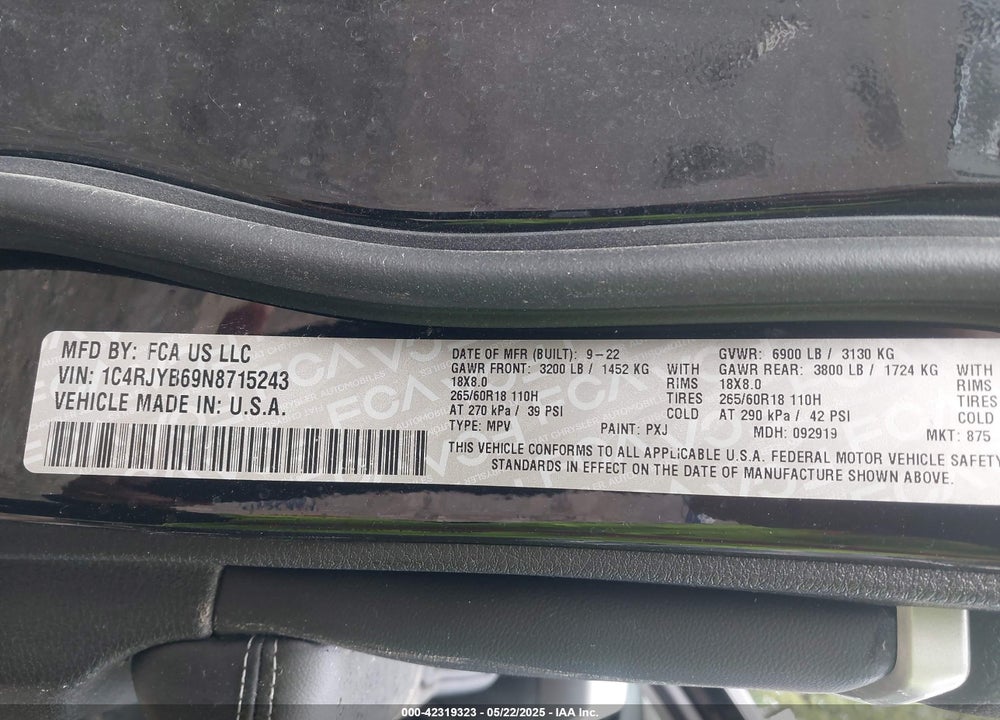 2022 JEEP GRAND CHEROKEE VIN: 1C4RJYB69N8715243