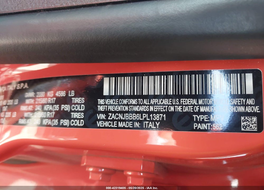 2020 JEEP RENEGADE ALTITUDE 4X4 VIN: ZACNJBBB6LPL13871