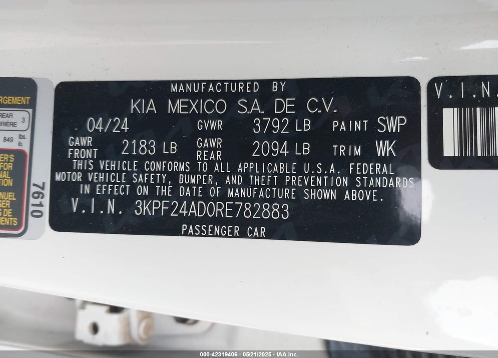 2024 KIA FORTE VIN: 3KPF24AD0RE782883