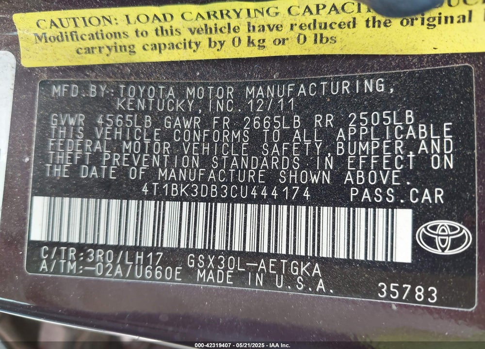 2012 TOYOTA AVALON VIN: 4T1BK3DB3CU444174