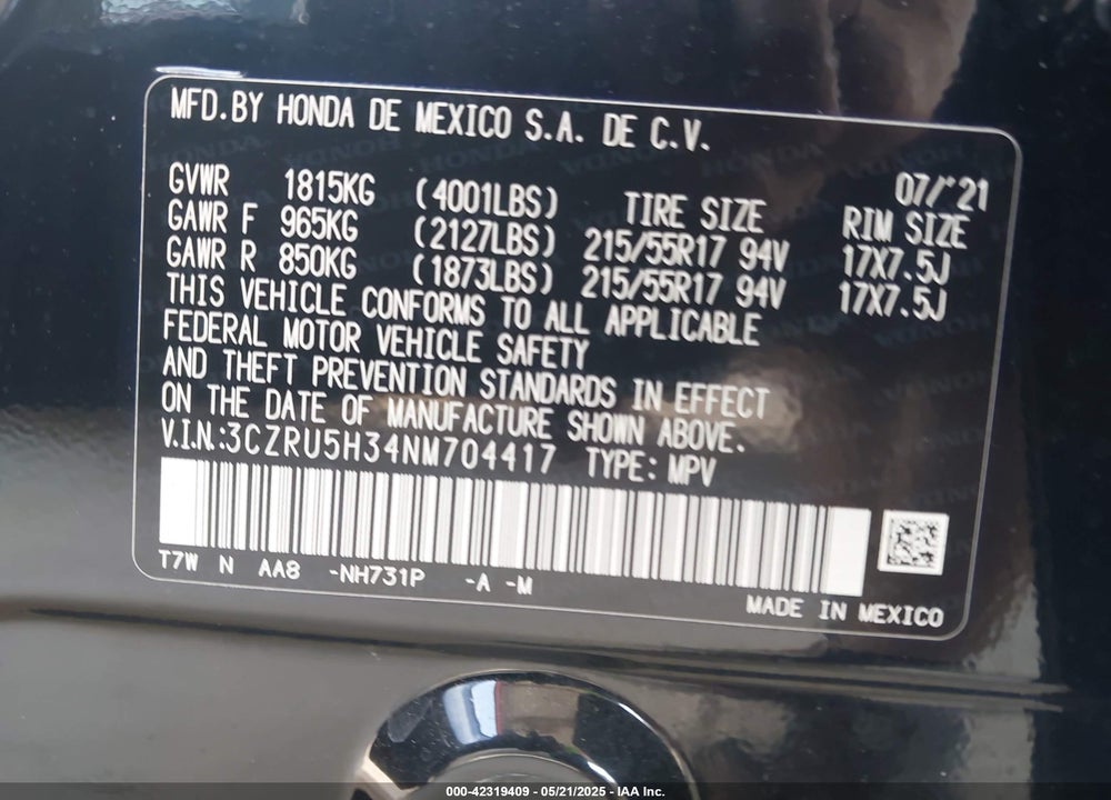 2022 HONDA HR-V VIN: 3CZRU5H34NM704417