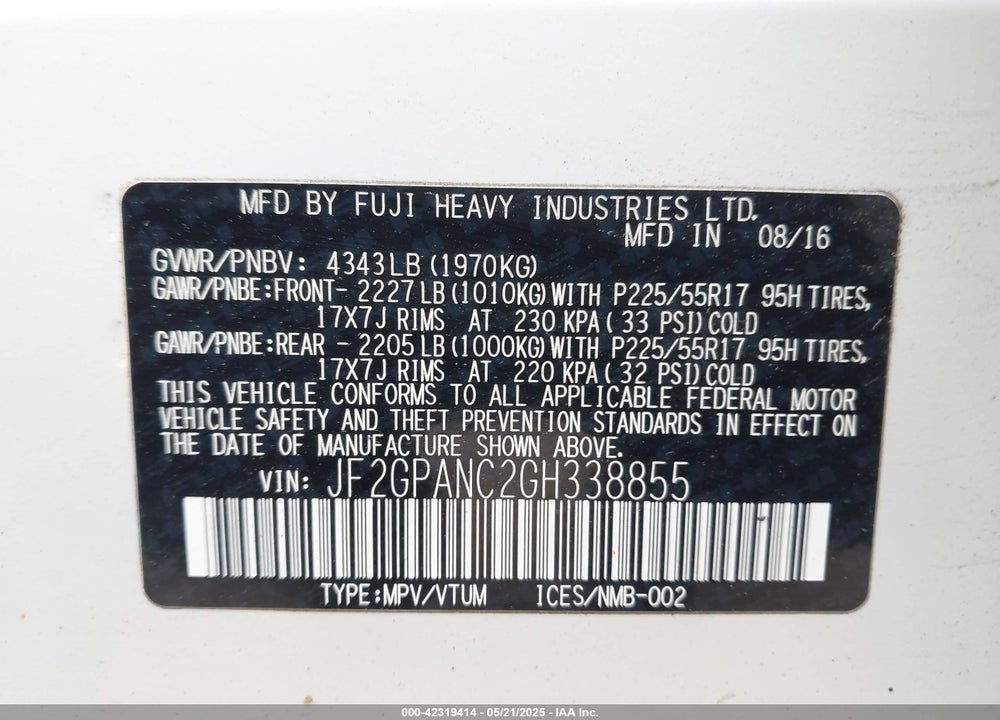 2016 SUBARU CROSSTREK VIN: JF2GPANC2GH338855