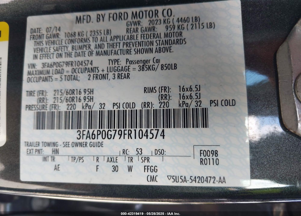 2015 FORD FUSION S VIN: 3FA6P0G79FR104574