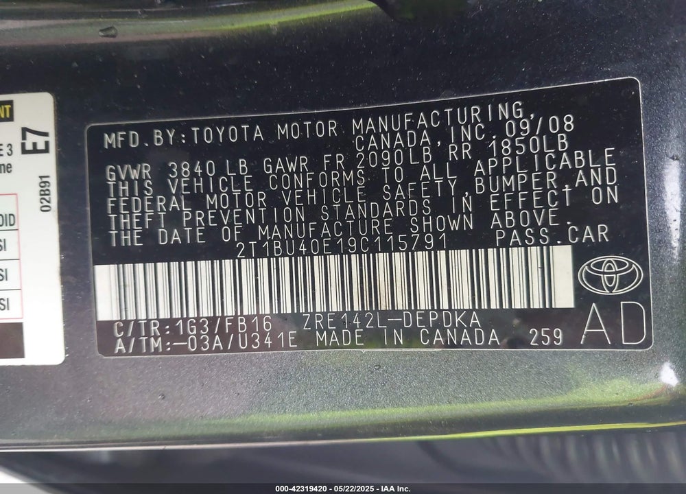 2009 TOYOTA COROLLA VIN: 2T1BU40E19C115791