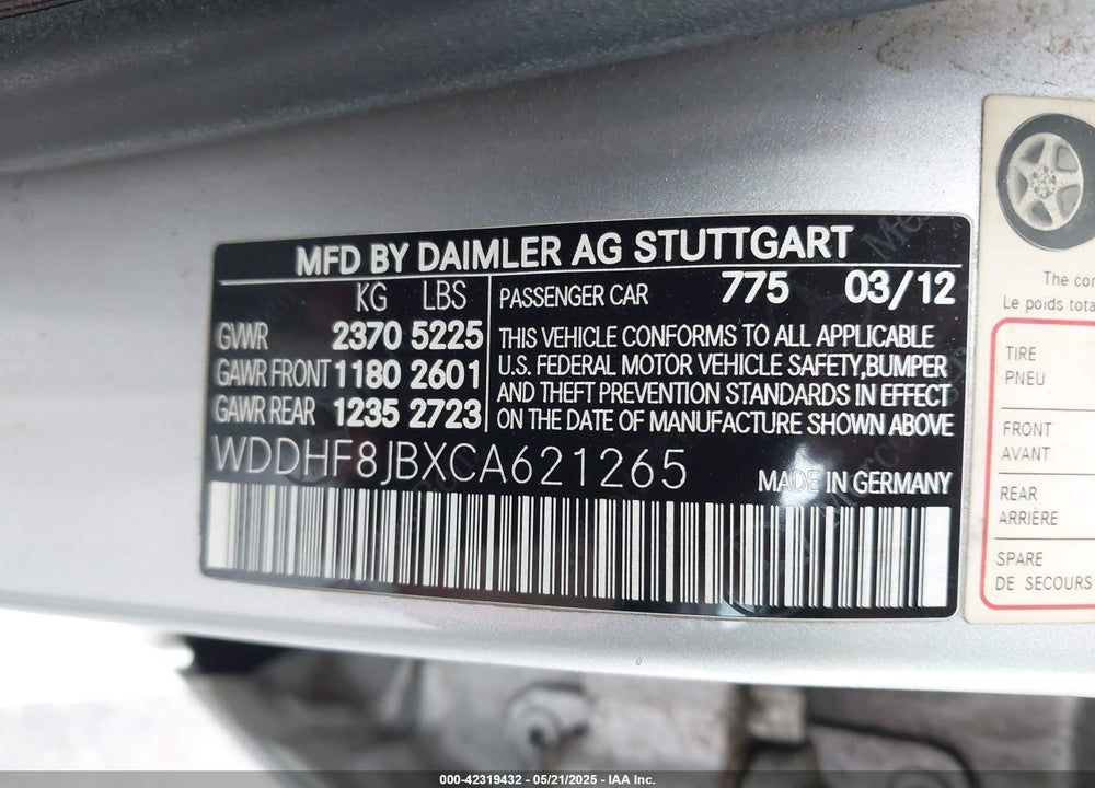 2012 MERCEDES-BENZ E 350 VIN: WDDHF8JBXCA621265
