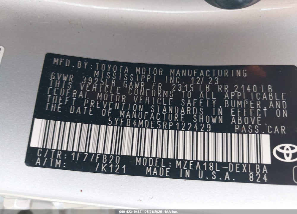 2024 TOYOTA COROLLA VIN: 5YFB4MDE5RP122429