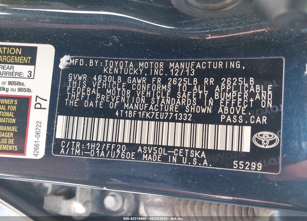 2014 TOYOTA CAMRY SE VIN: 4T1BF1FK7EU771332