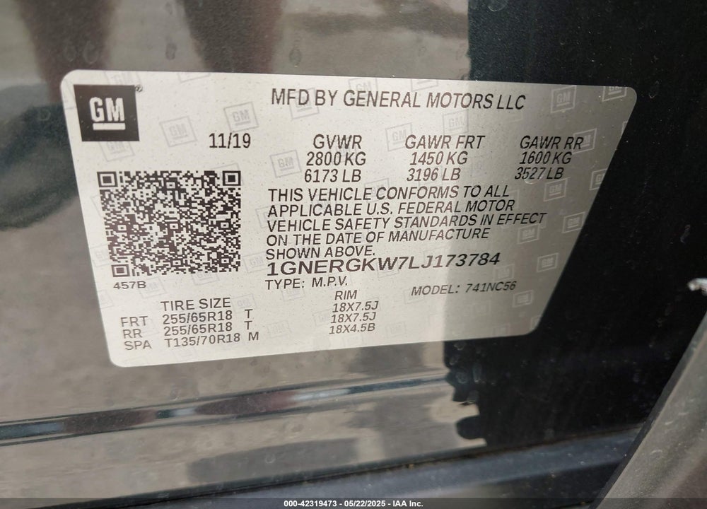 2020 CHEVROLET TRAVERSE VIN: 1GNERGKW7LJ173784