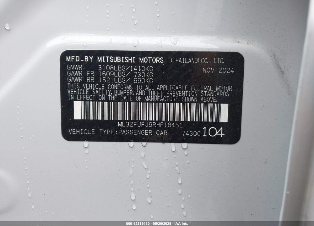 2024 MITSUBISHI MIRAGE G4 VIN: ML32FUFJ9RHF18451