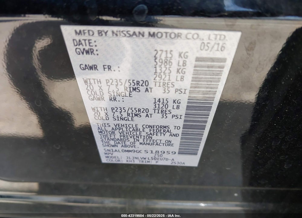 2016 INFINITI QX60 VIN: 5N1AL0MM9GC518959