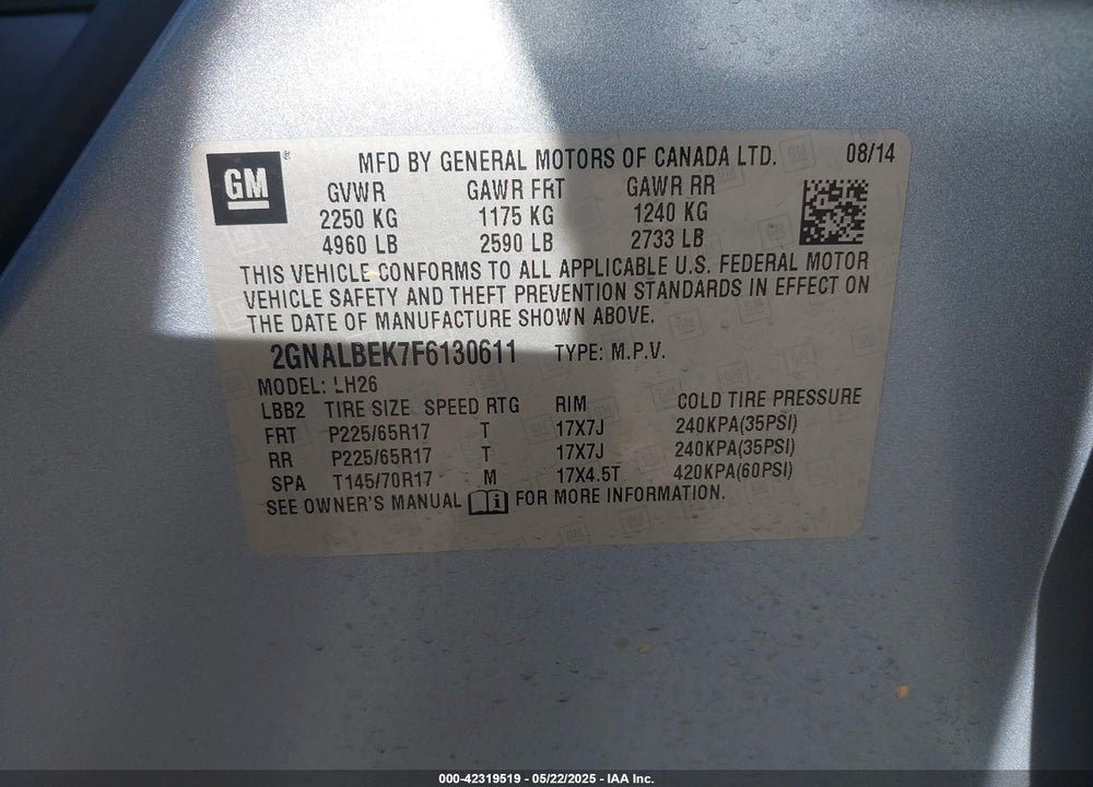 2015 CHEVROLET EQUINOX 1LT VIN: 2GNALBEK7F6130611
