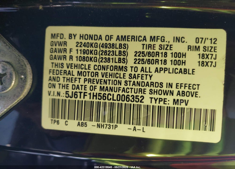 2012 HONDA CROSSTOUR EX-L VIN: 5J6TF1H56CL006352