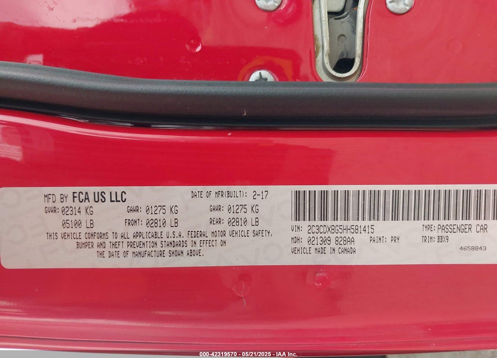 2017 DODGE CHARGER SE RWD VIN: 2C3CDXBG5HH581415