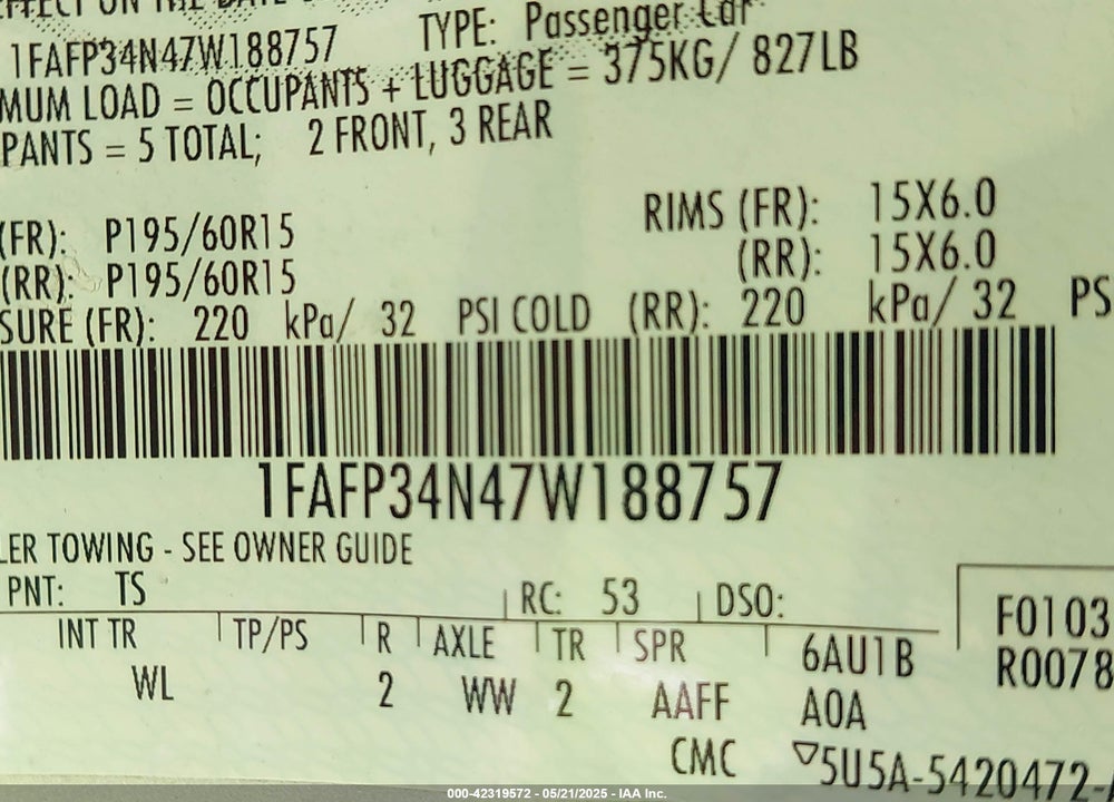 2007 FORD FOCUS VIN: 1FAFP34N47W188757