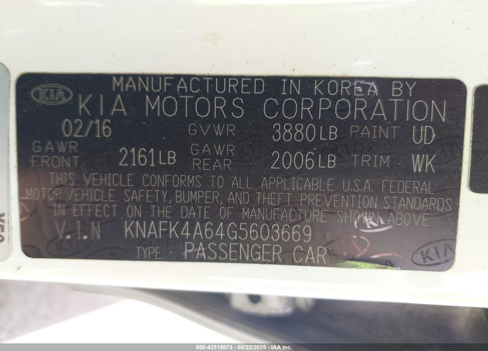 2016 KIA FORTE VIN: KNAFK4A64G5603669